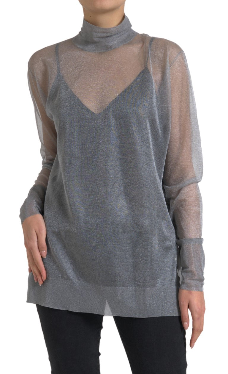Dolce & Gabbana Gray Mesh Turtleneck Long Sleeve Blouse Women's Top