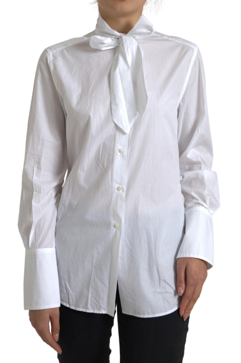 Dolce & Gabbana White Cotton Ascot Collar Long Sleeves Women's Top