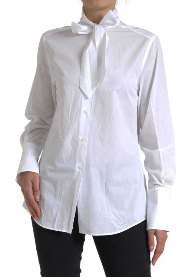 Dolce & Gabbana White Cotton Ascot Collar Long Sleeves Women's Top