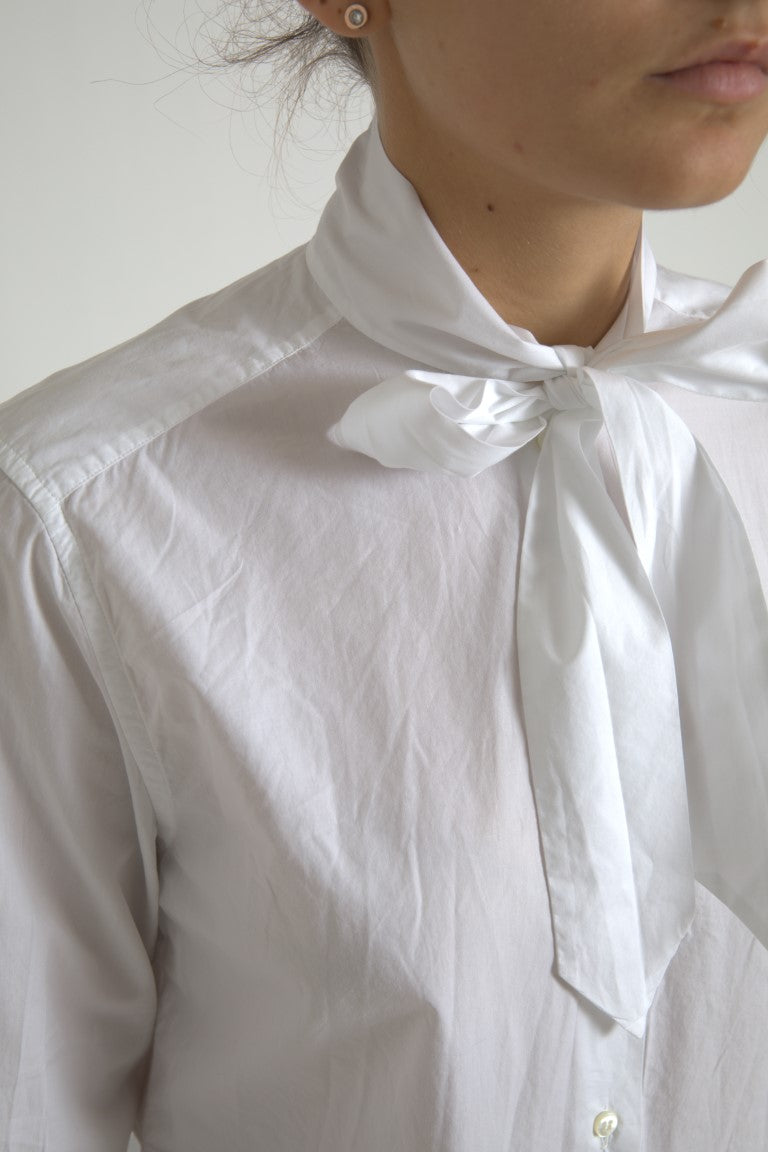 Dolce & Gabbana White Cotton Ascot Collar Long Sleeves Women's Top