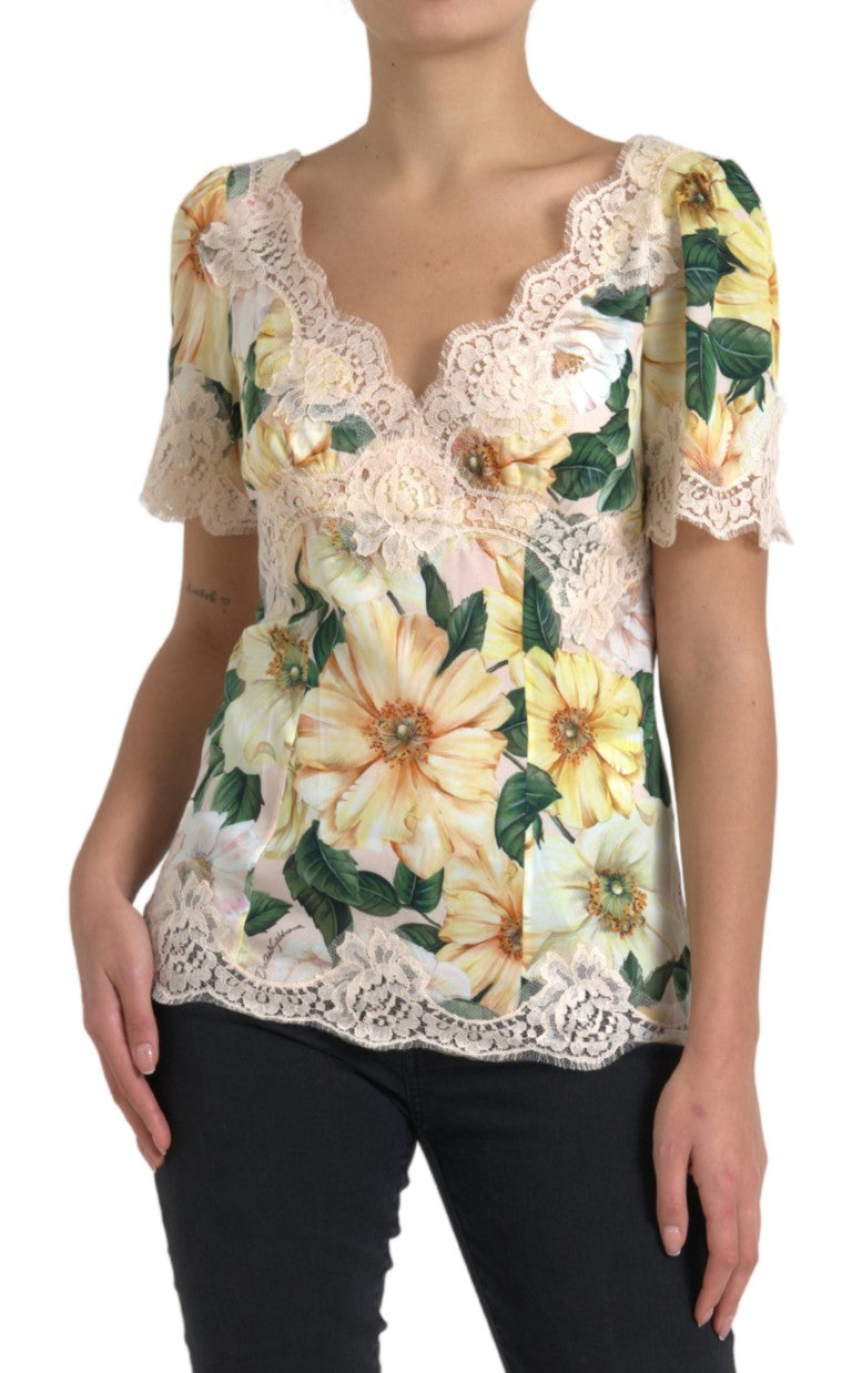 Dolce & Gabbana Multicolor Floral Lace V Neck Women's Blouse
