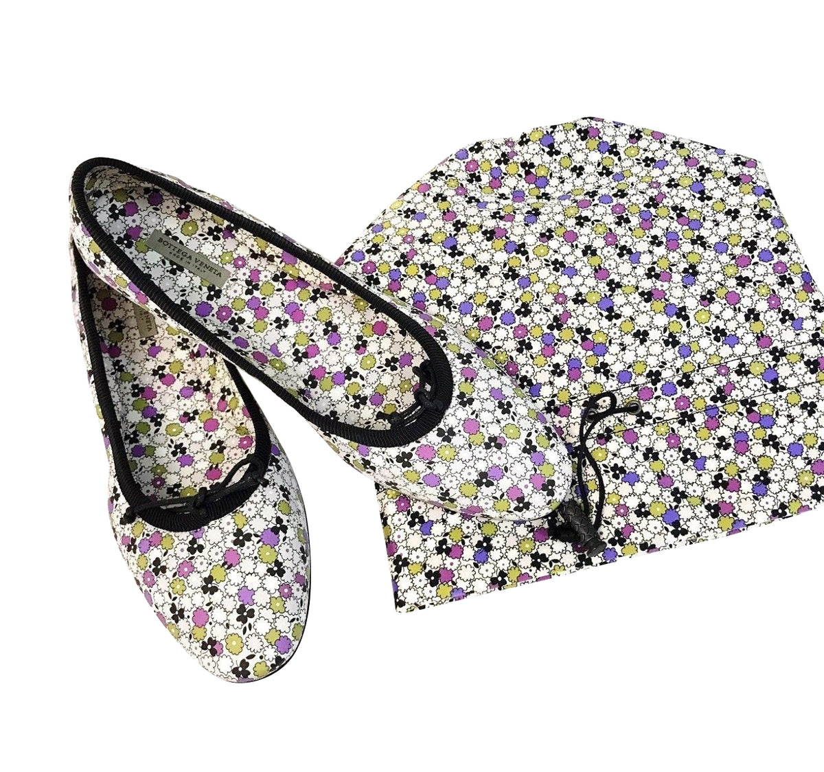Bottega Veneta Women's Floral Green / Purple / Black Leather Ballet Flats 430525