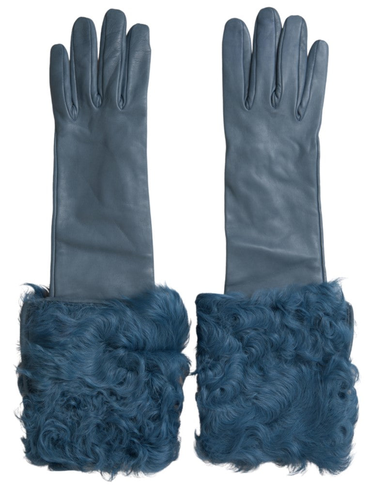 Dolce & Gabbana Blue Leather Fur Mid Arm Length Women's Gloves