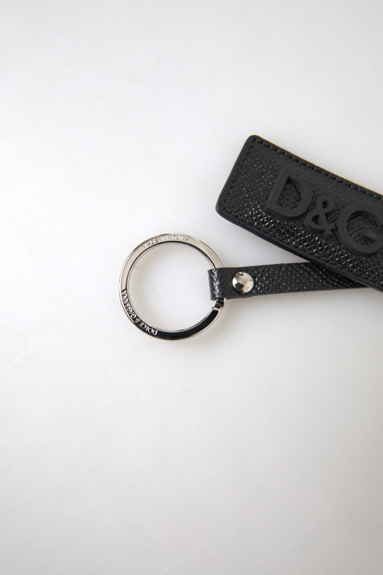 Dolce & Gabbana Black DG Logo Leather Silver Metal Men's Keychain