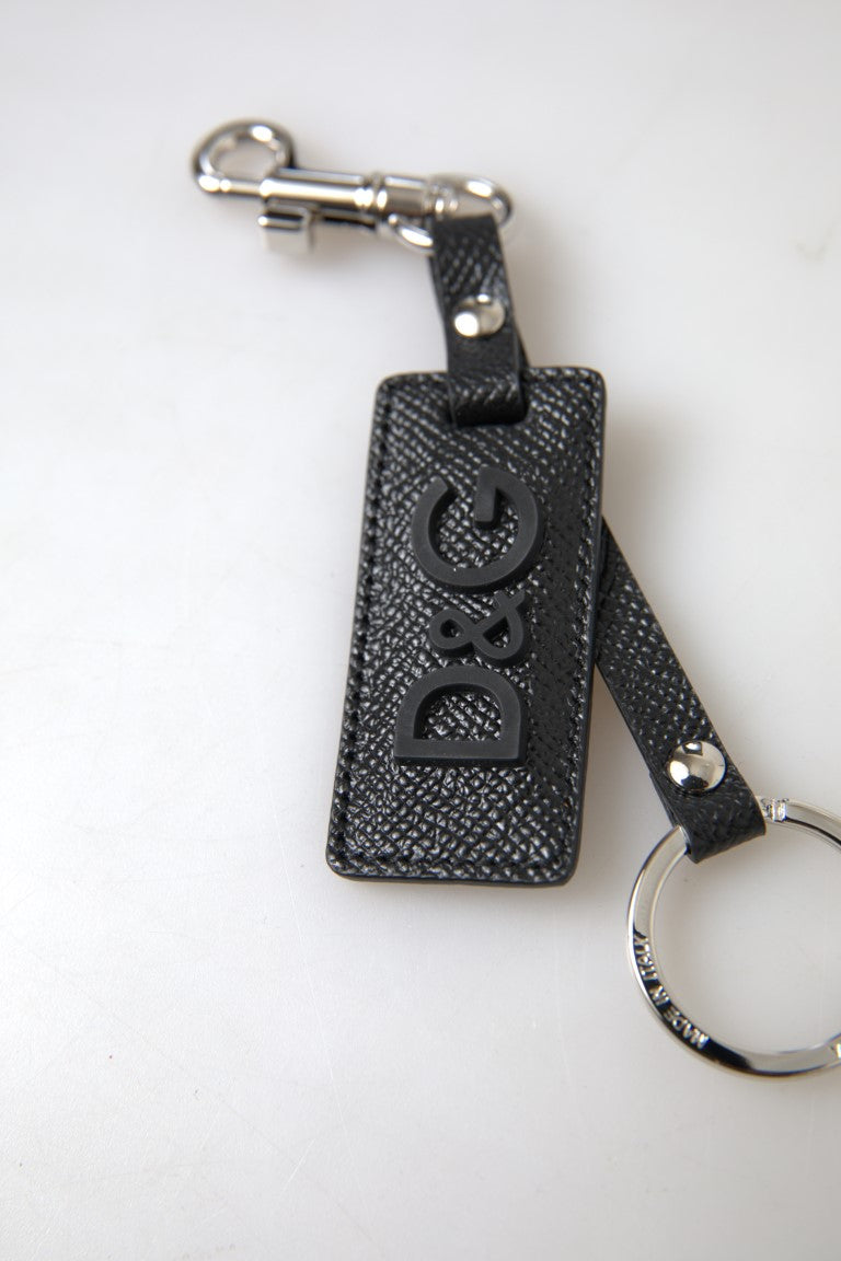 Dolce & Gabbana Black DG Logo Leather Silver Metal Men's Keychain