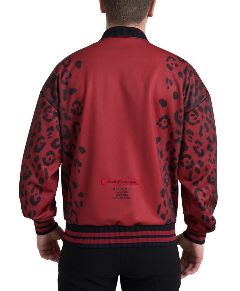 Dolce & Gabbana Red Leopard Polyester Bomber Full Zip Men's Jacket