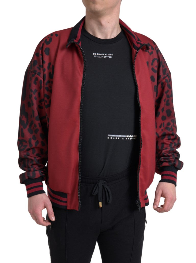 Dolce & Gabbana Red Leopard Polyester Bomber Full Zip Men's Jacket