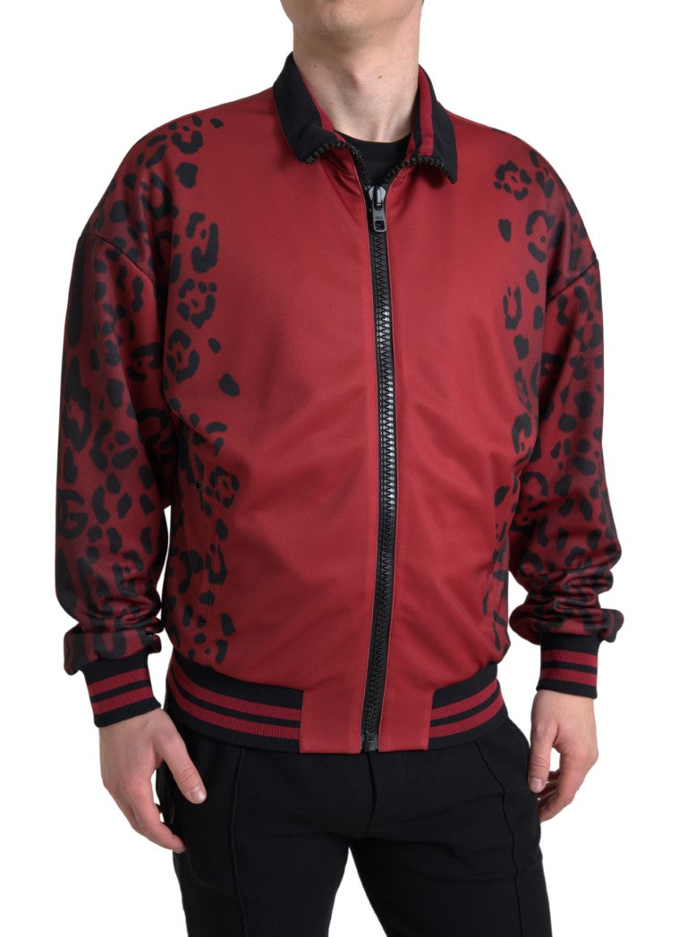 Dolce & Gabbana Red Leopard Polyester Bomber Full Zip Men's Jacket