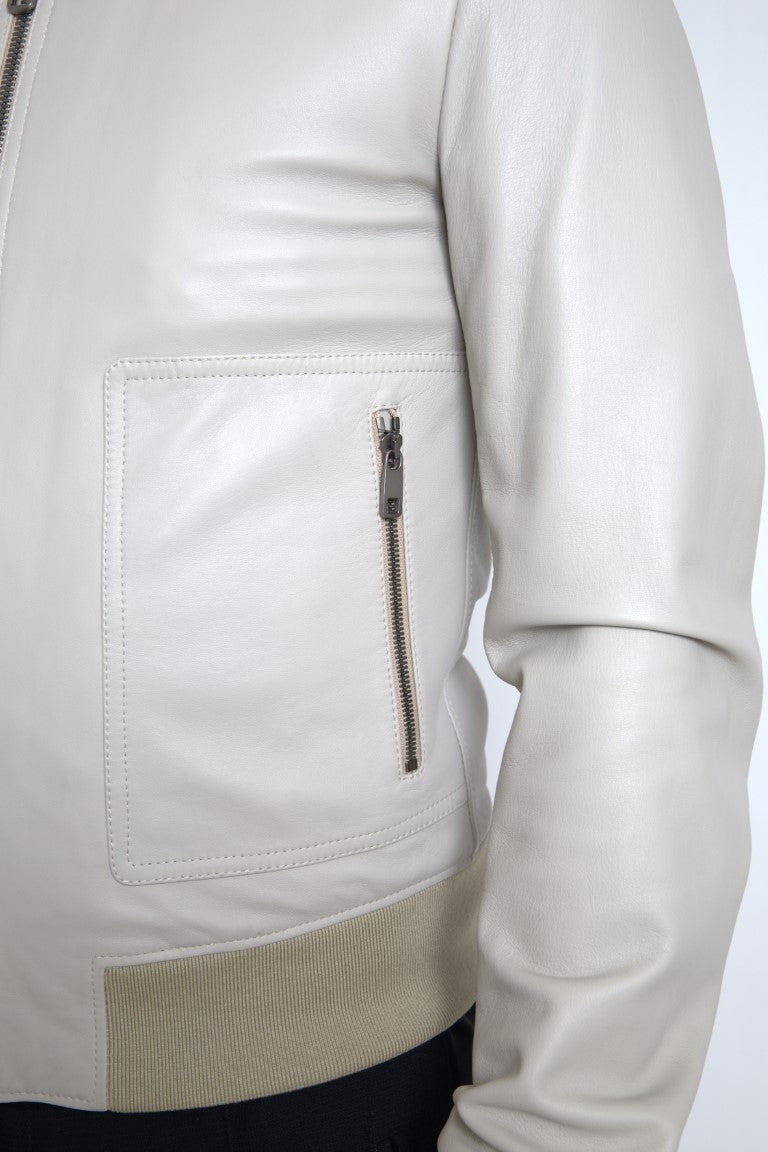 Dolce & Gabbana Cream Leather Bomber Blouson Full Zip Men's Jacket