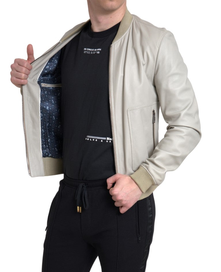 Dolce & Gabbana Cream Leather Bomber Blouson Full Zip Men's Jacket
