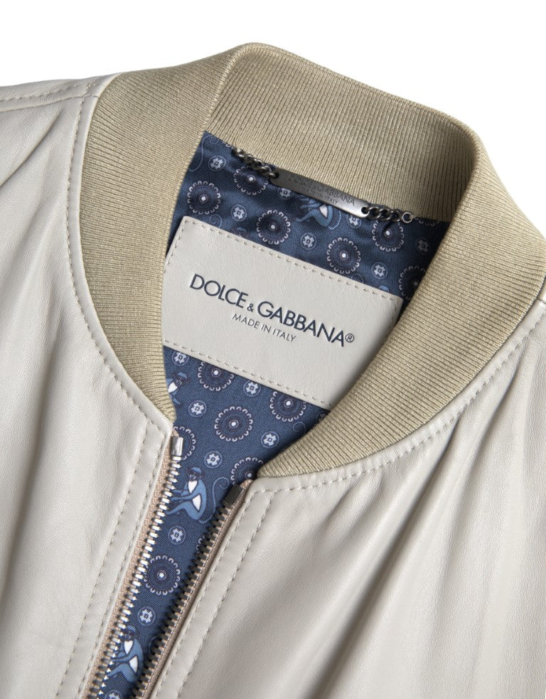 Dolce & Gabbana Cream Leather Bomber Blouson Full Zip Men's Jacket