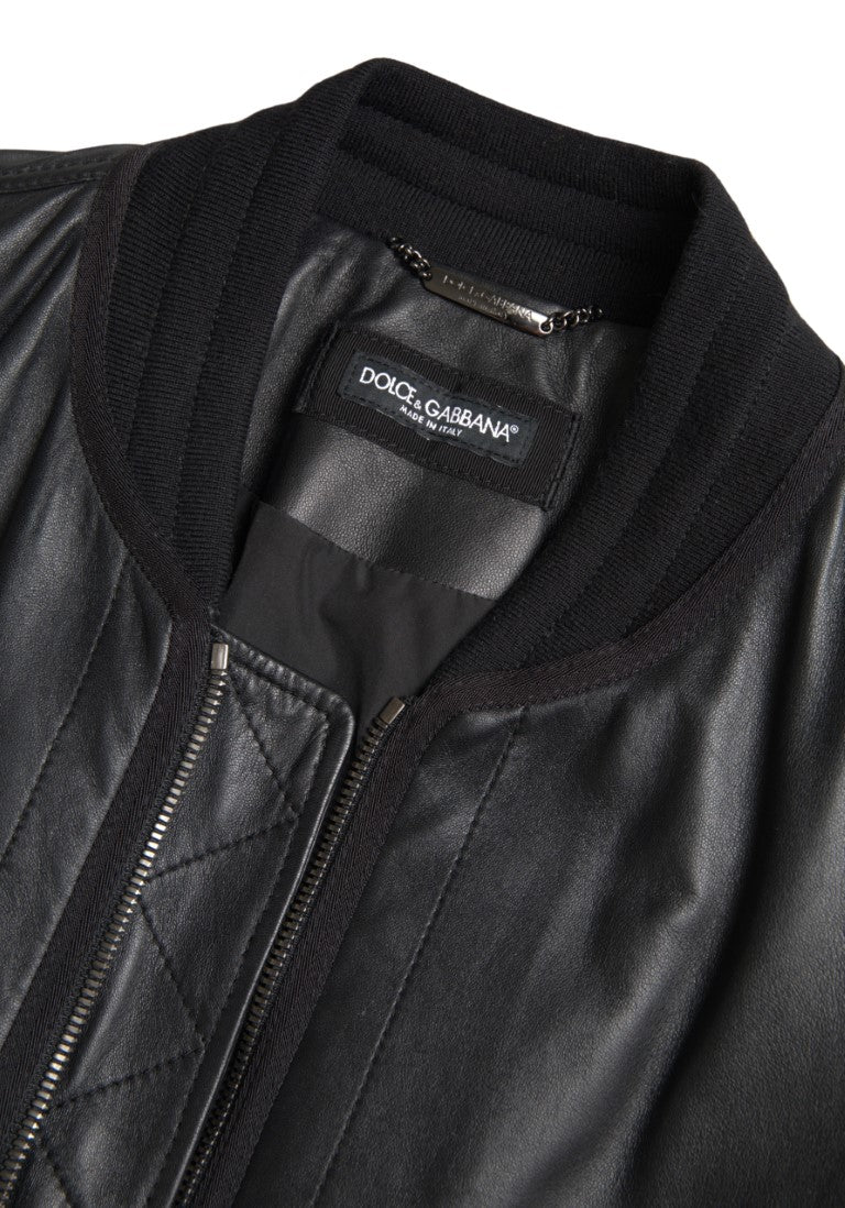 Dolce & Gabbana Black Leather Blouson Full Zip Bomber Men's Jacket