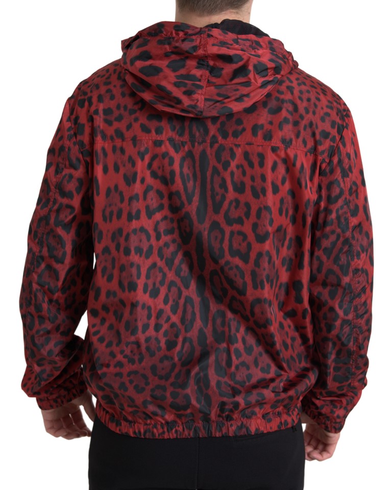 Dolce & Gabbana Red Leopard Hooded Bomber Full Zip Men's Jacket