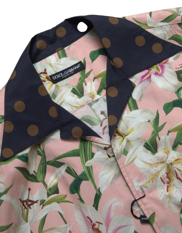 Dolce & Gabbana Cotton Polka Dot Lily Print Collared Men's Shirt