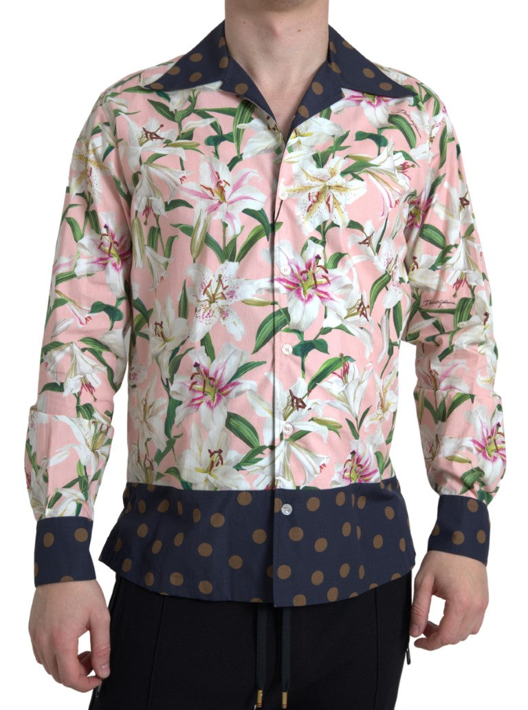 Dolce & Gabbana Cotton Polka Dot Lily Print Collared Men's Shirt