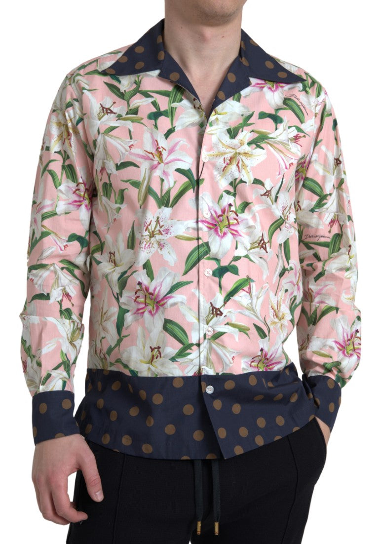 Dolce & Gabbana Cotton Polka Dot Lily Print Collared Men's Shirt