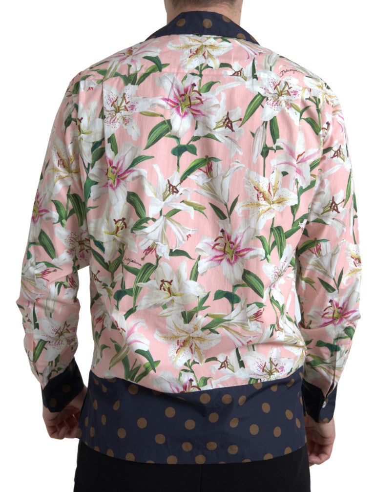 Dolce & Gabbana Cotton Polka Dot Lily Print Collared Men's Shirt