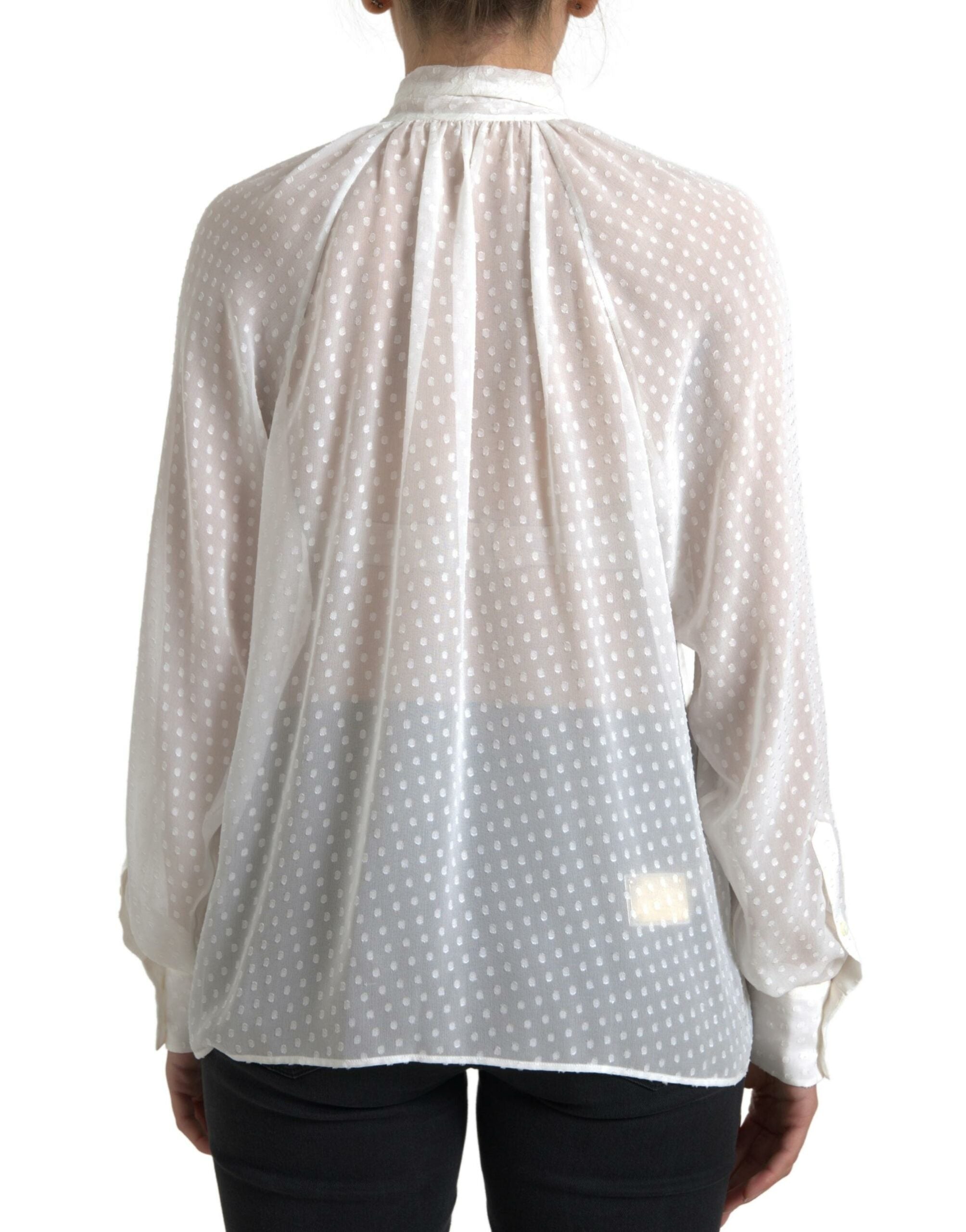 Dolce & Gabbana White Silk Sheer Tied Neck Polka Dots Women's Blouse