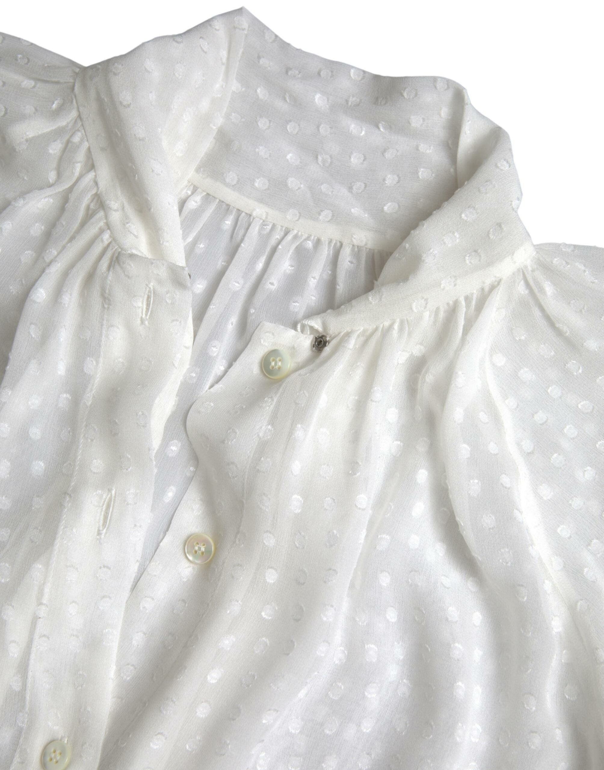 Dolce & Gabbana White Silk Sheer Tied Neck Polka Dots Women's Blouse