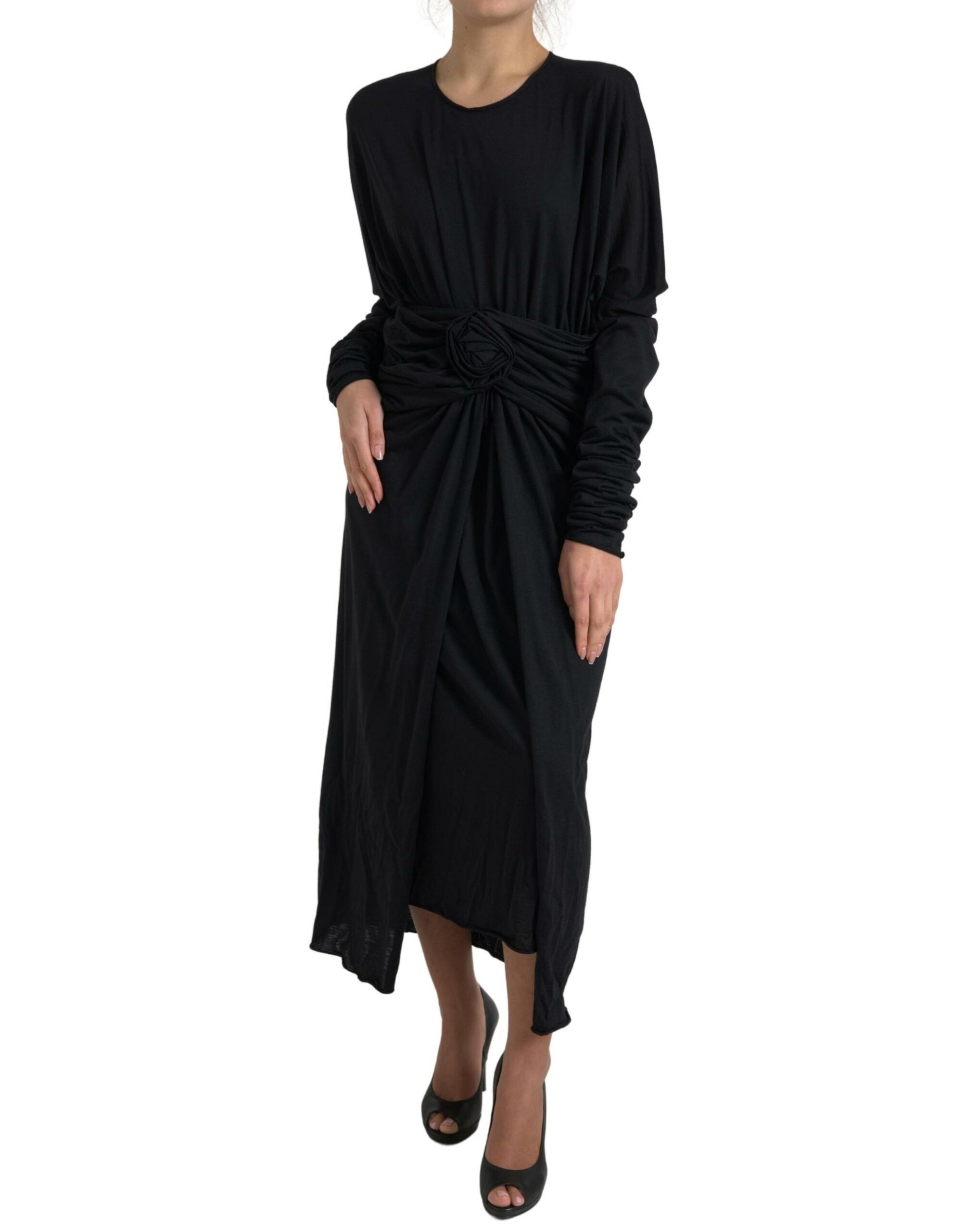 Dolce & Gabbana Black Wool Wrap Sheath Midi Gown Women's Dress