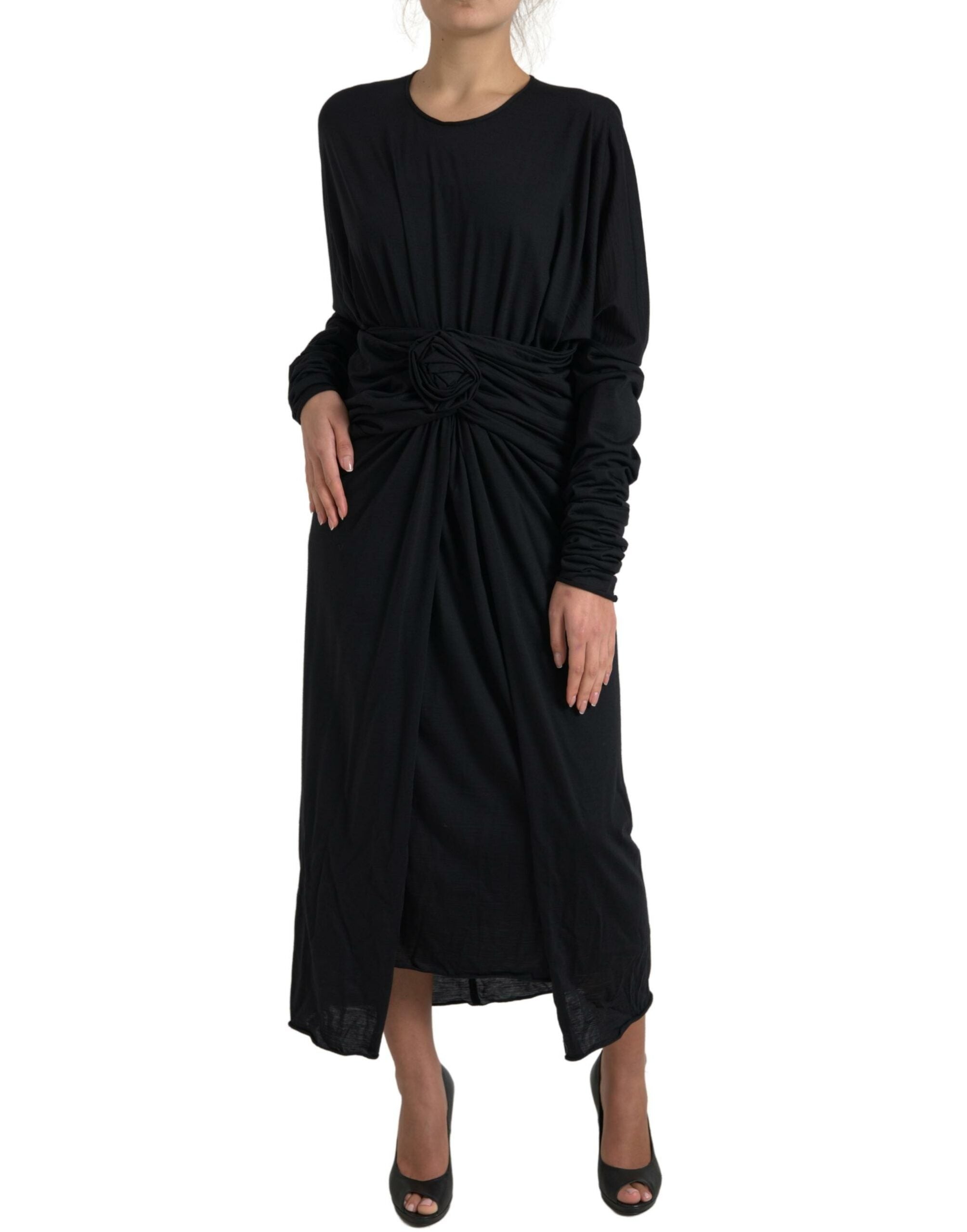 Dolce & Gabbana Black Wool Wrap Sheath Midi Gown Women's Dress