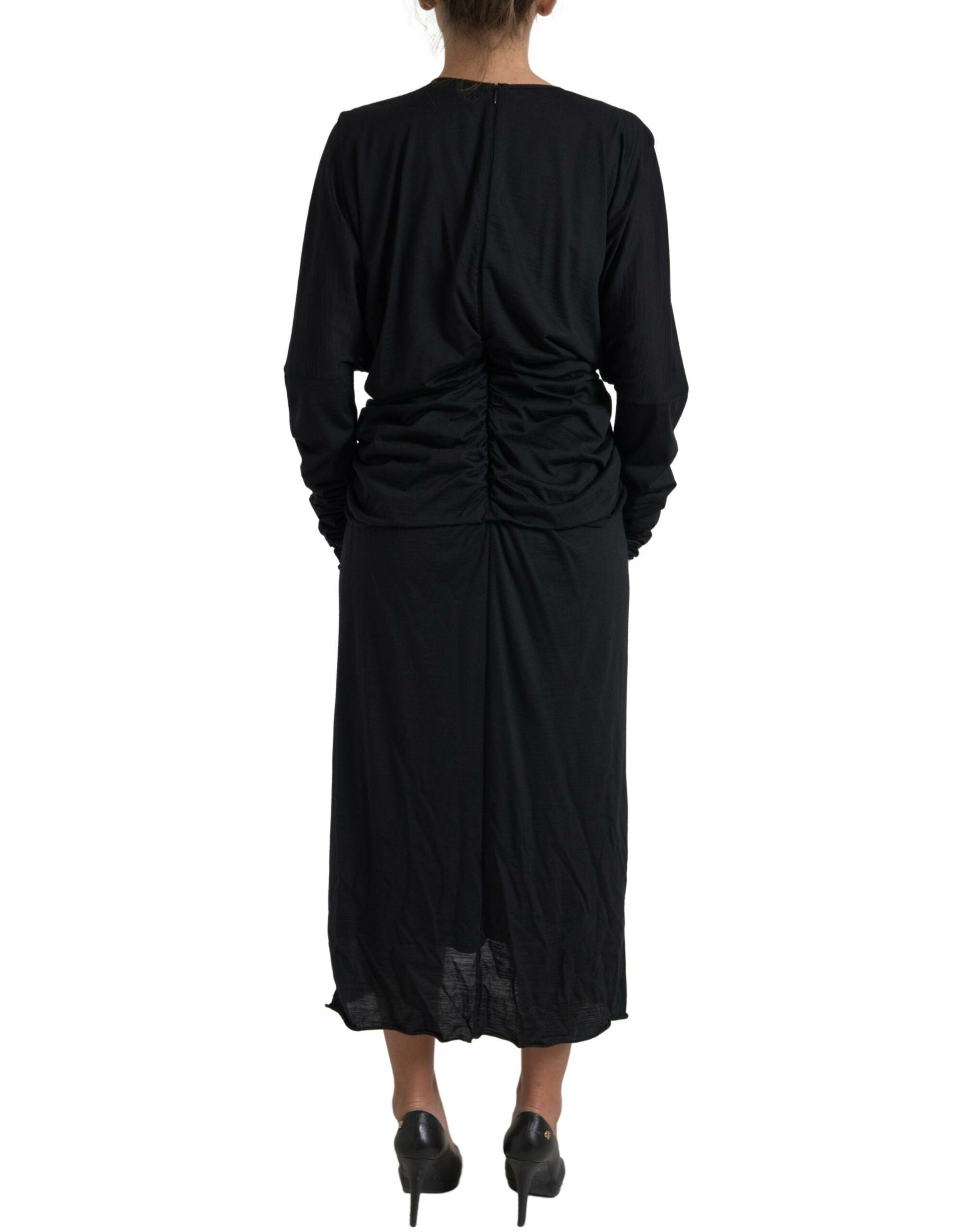 Dolce & Gabbana Black Wool Wrap Sheath Midi Gown Women's Dress