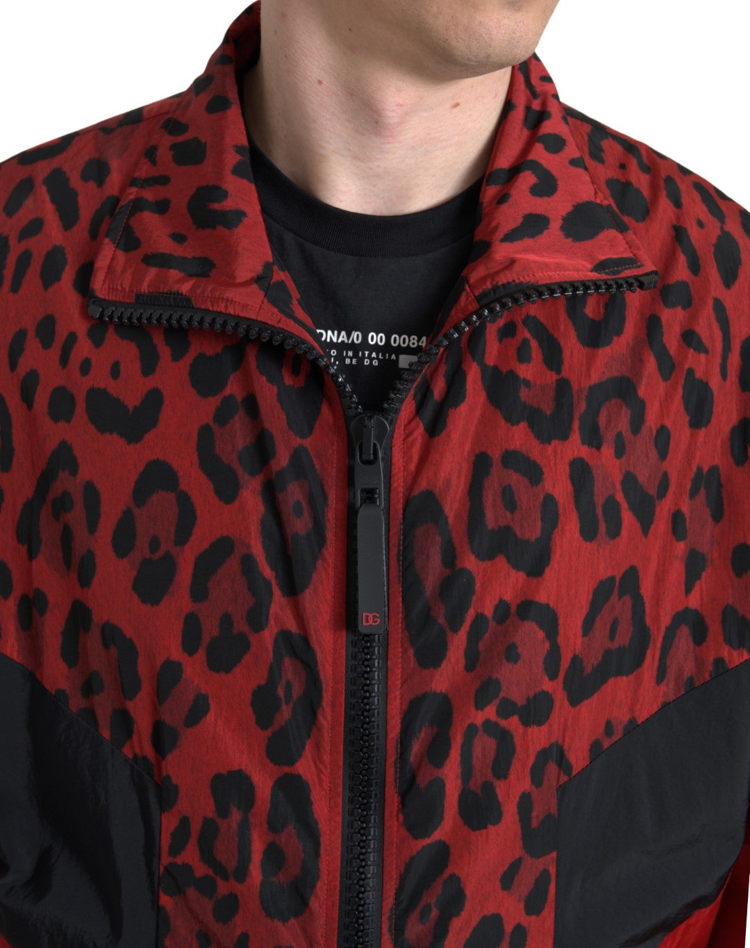 Dolce & Gabbana Red Leopard Nylon Full Zip Men's Sweater