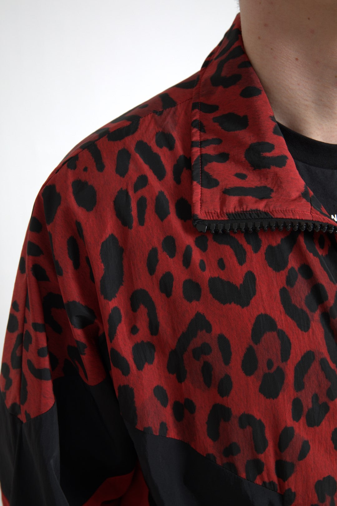 Dolce & Gabbana Red Leopard Nylon Full Zip Men's Sweater