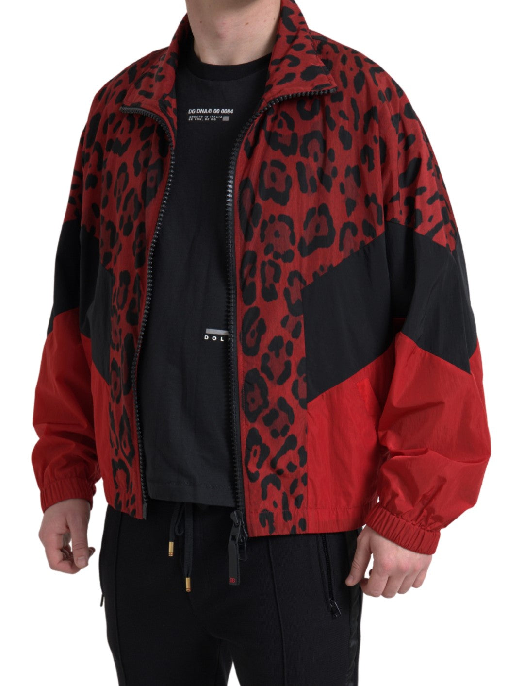 Dolce & Gabbana Red Leopard Nylon Full Zip Men's Sweater