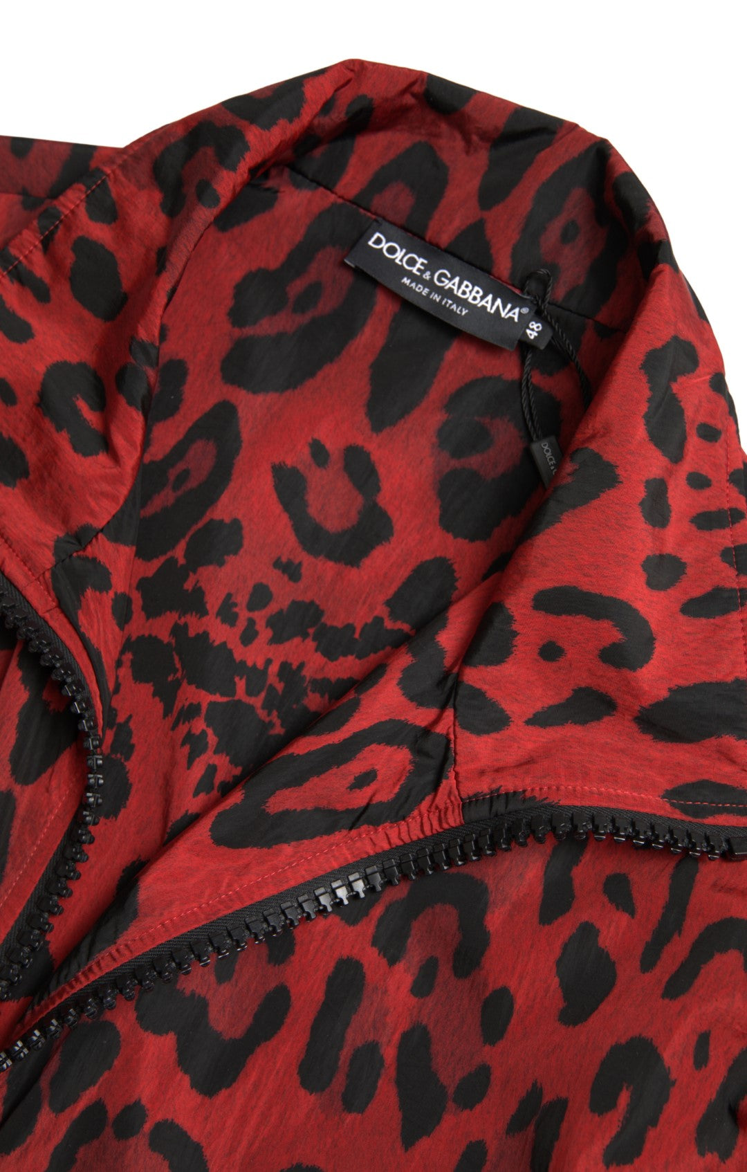 Dolce & Gabbana Red Leopard Nylon Full Zip Men's Sweater