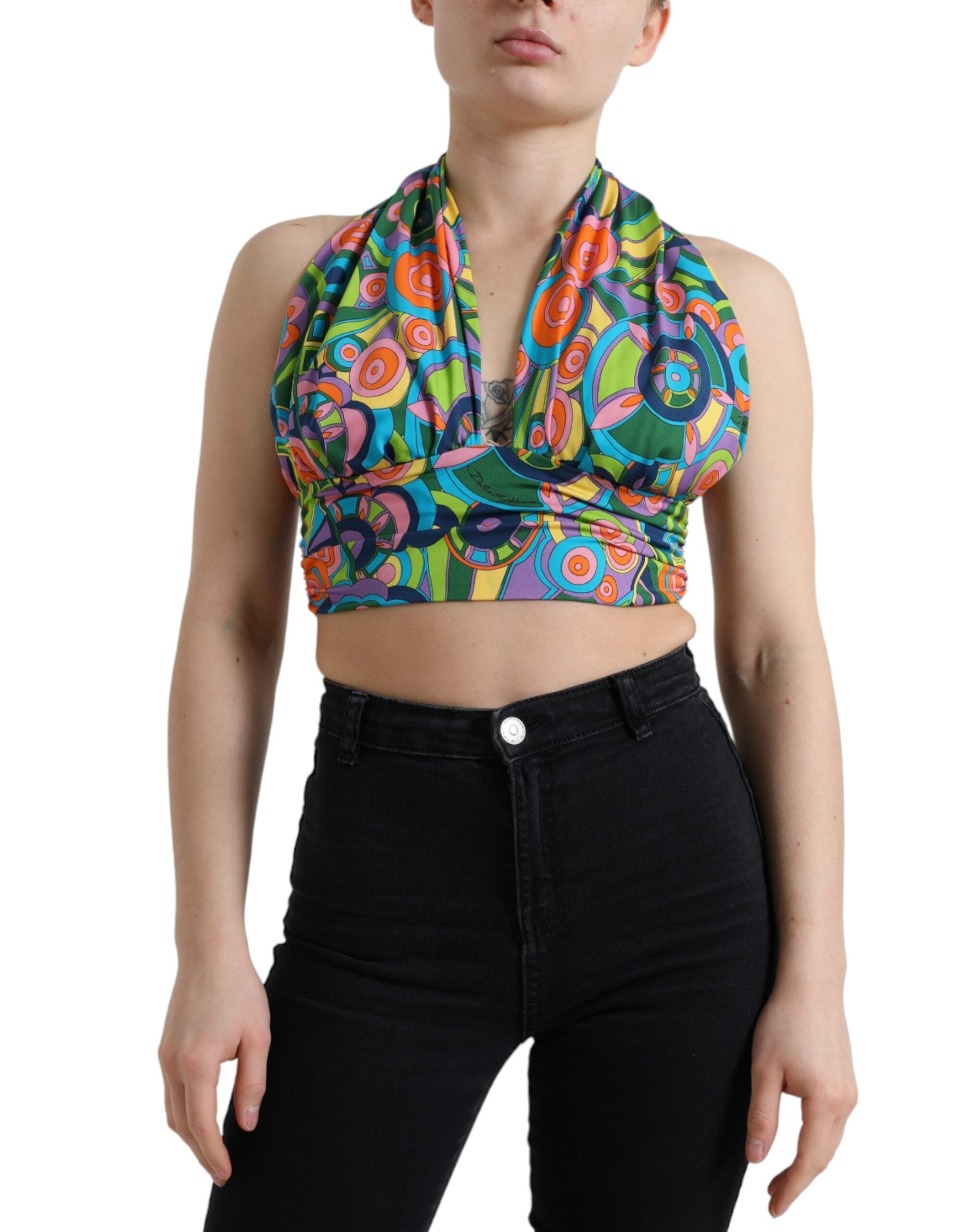 Dolce & Gabbana Multicolor Halter Sleeveless Cropped Tank Women's Top