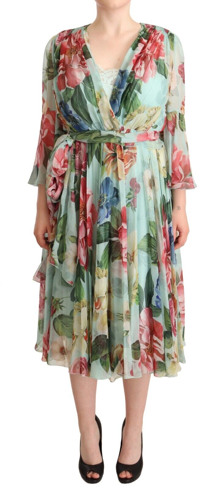 Dolce & Gabbana Multicolor Green Floral Silk Wrap Midi Women's Dress