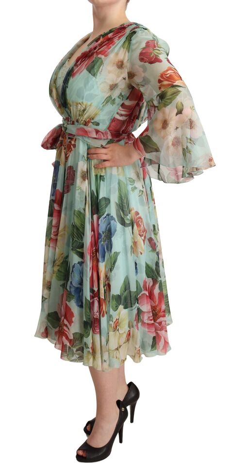 Dolce & Gabbana Multicolor Green Floral Silk Wrap Midi Women's Dress
