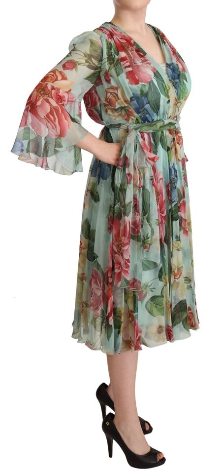 Dolce & Gabbana Multicolor Green Floral Silk Wrap Midi Women's Dress