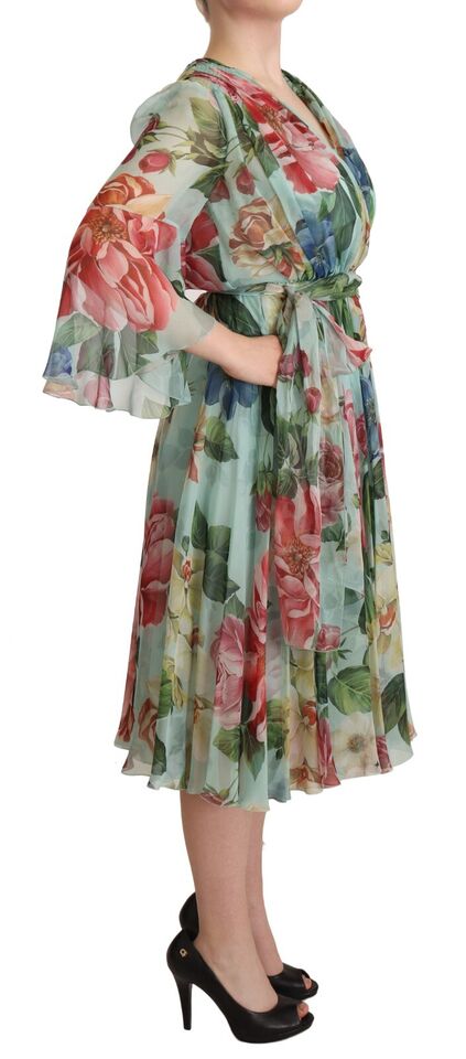 Dolce & Gabbana Multicolor Green Floral Silk Wrap Midi Women's Dress