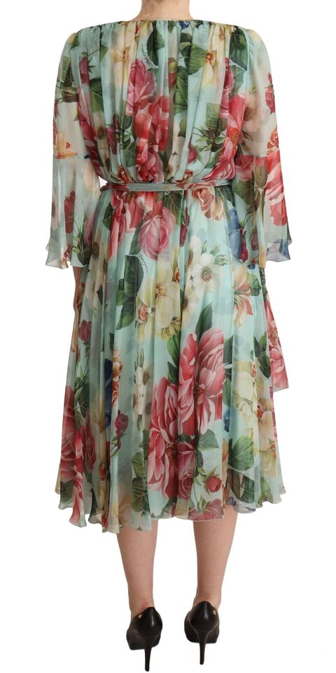 Dolce & Gabbana Multicolor Green Floral Silk Wrap Midi Women's Dress