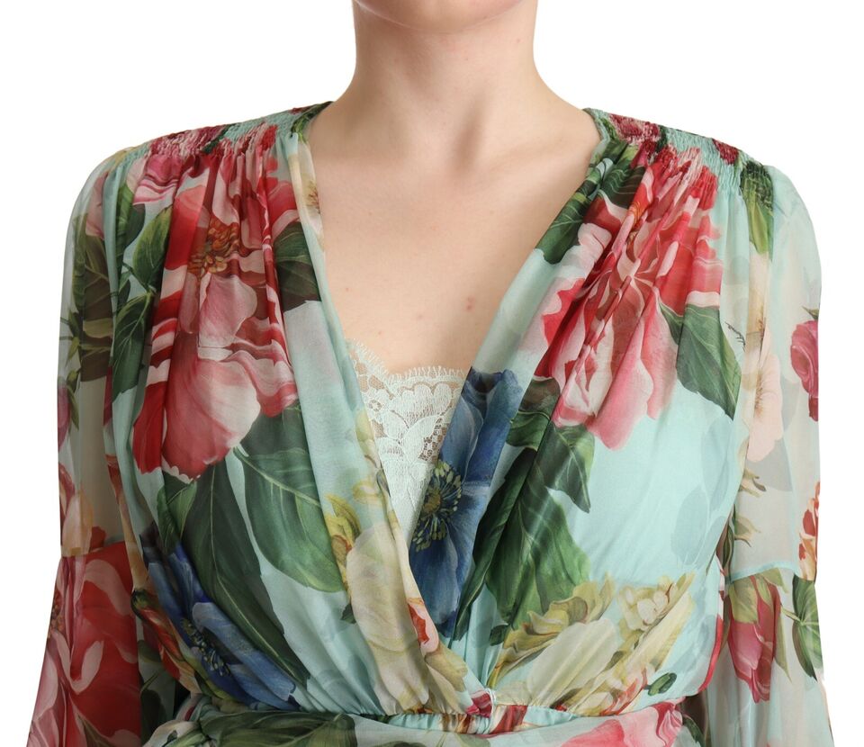 Dolce & Gabbana Multicolor Green Floral Silk Wrap Midi Women's Dress