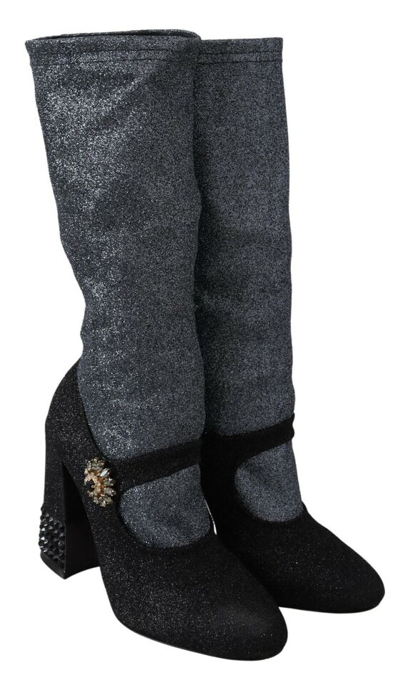 Dolce & Gabbana Black Crystal Mary Janes Booties Women's Shoes