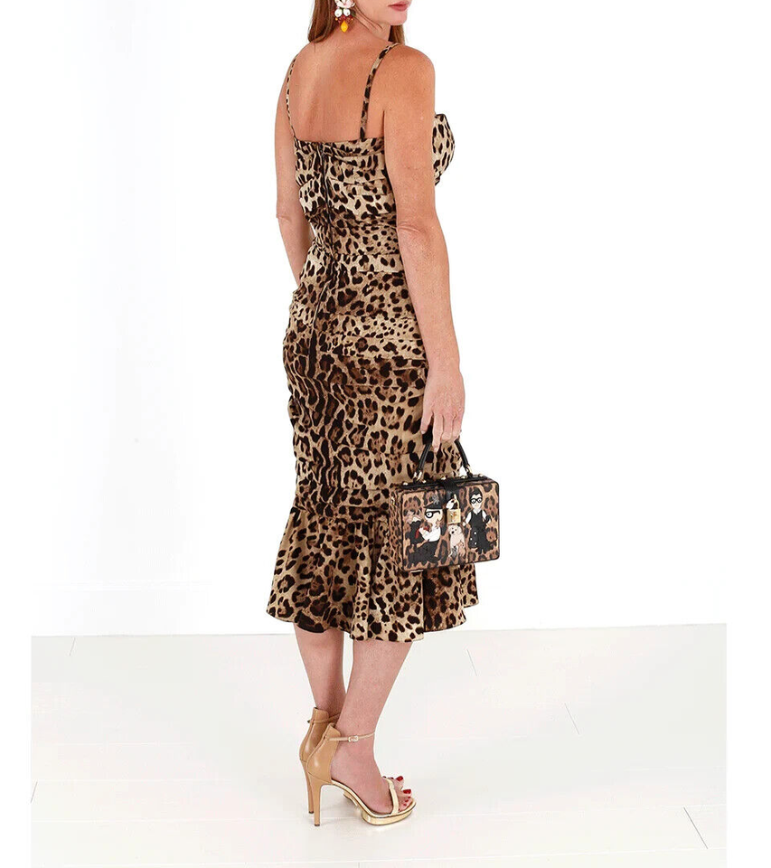 Dolce & Gabbana Brown Leopard Print Ruched Midi Women's Dress