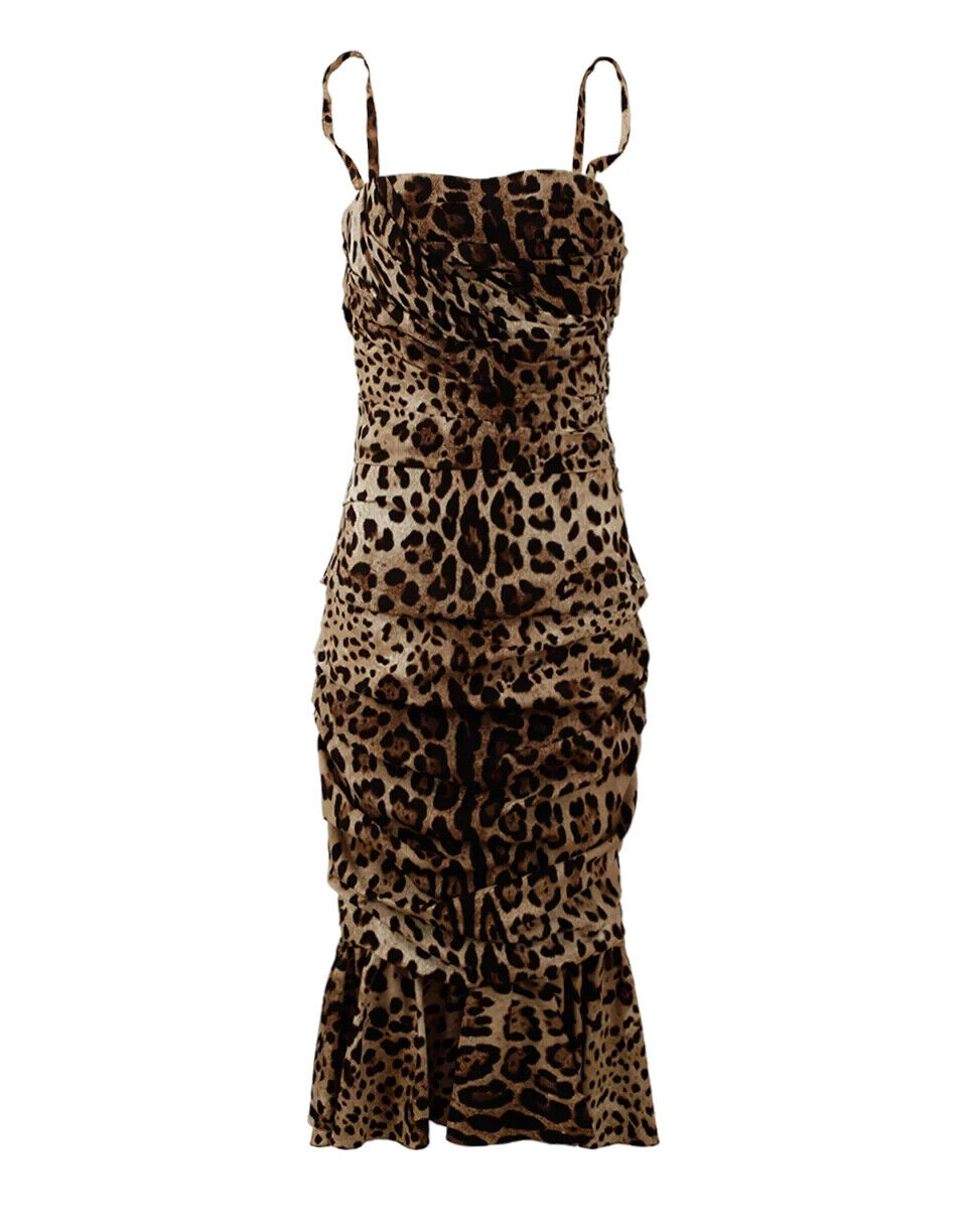 Dolce & Gabbana Brown Leopard Print Ruched Midi Women's Dress