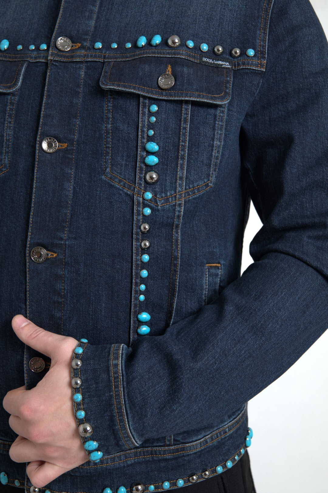 Dolce & Gabbana Blue Denim Turquoise Stones Studded Men's Jacket