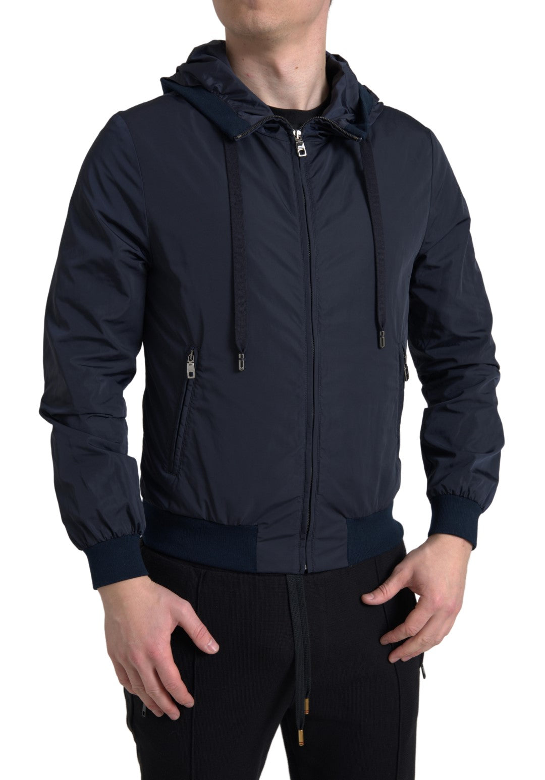 Dolce & Gabbana Blue Hooded Logo Polyester Full Zip Men's Sweater