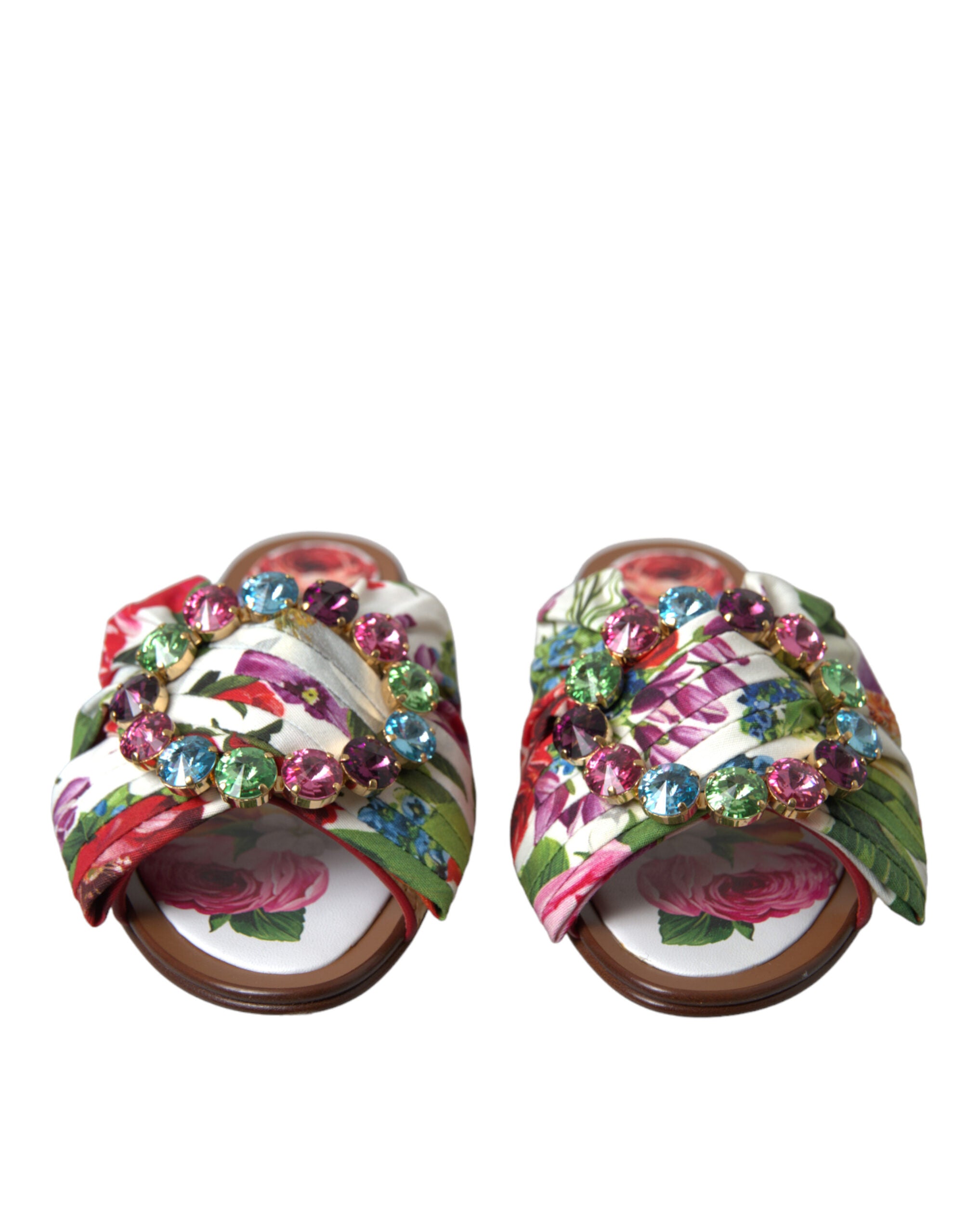 Dolce & Gabbana Multicolor Floral Flats Crystal Sandals Women's Shoes