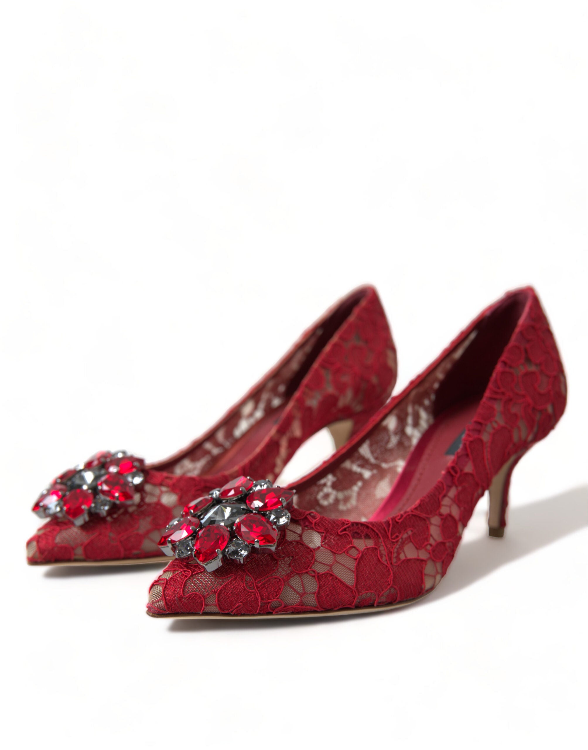 Dolce & Gabbana Red Taormina Lace Crystal Heels Pumps Women's Shoes