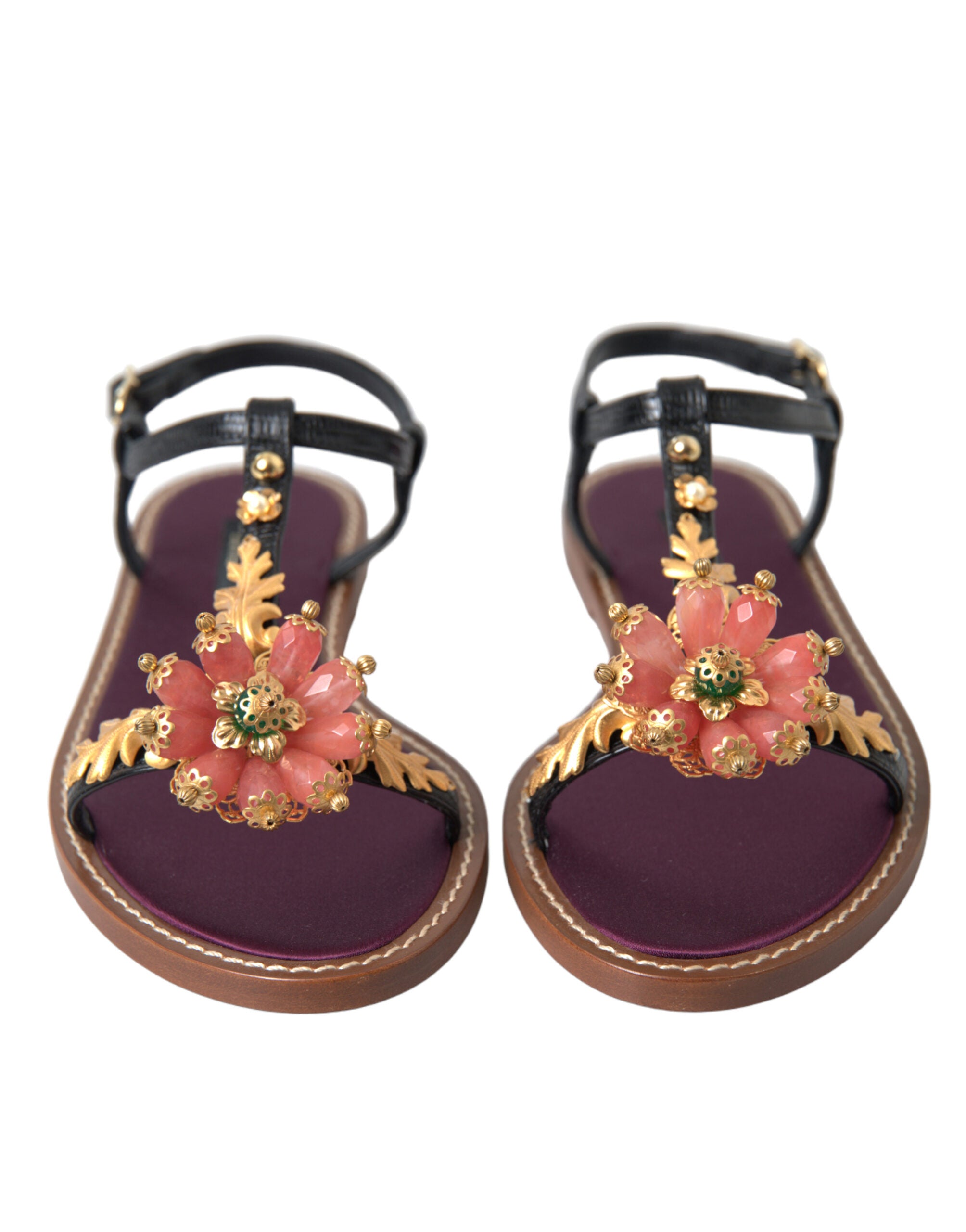 Dolce & Gabbana Black Crystal Gold Sandals Leather Women's Shoes