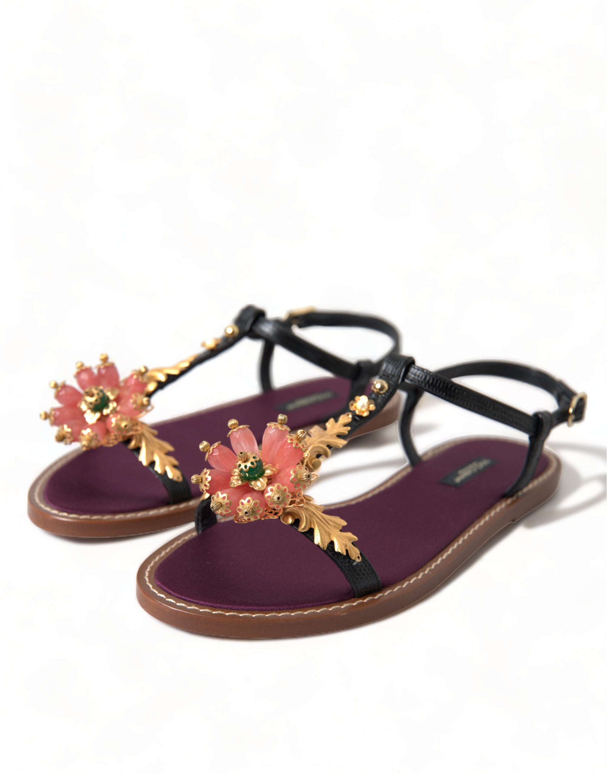 Dolce & Gabbana Black Crystal Gold Sandals Leather Women's Shoes