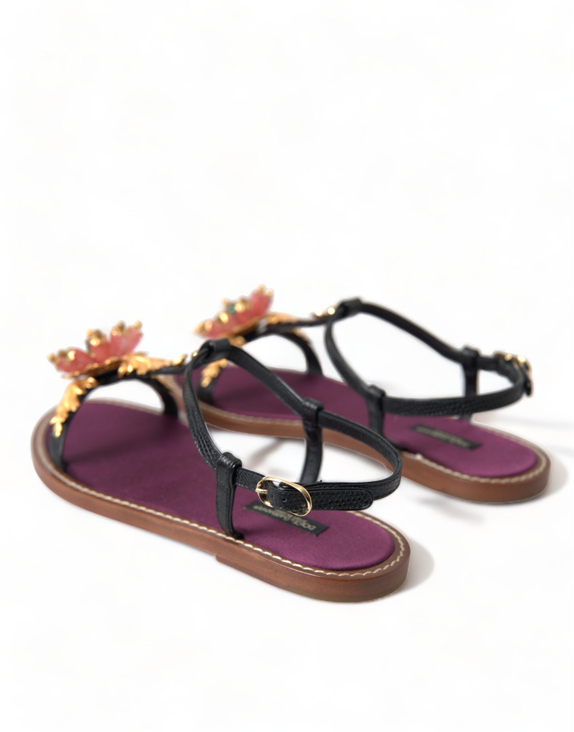 Dolce & Gabbana Black Crystal Gold Sandals Leather Women's Shoes