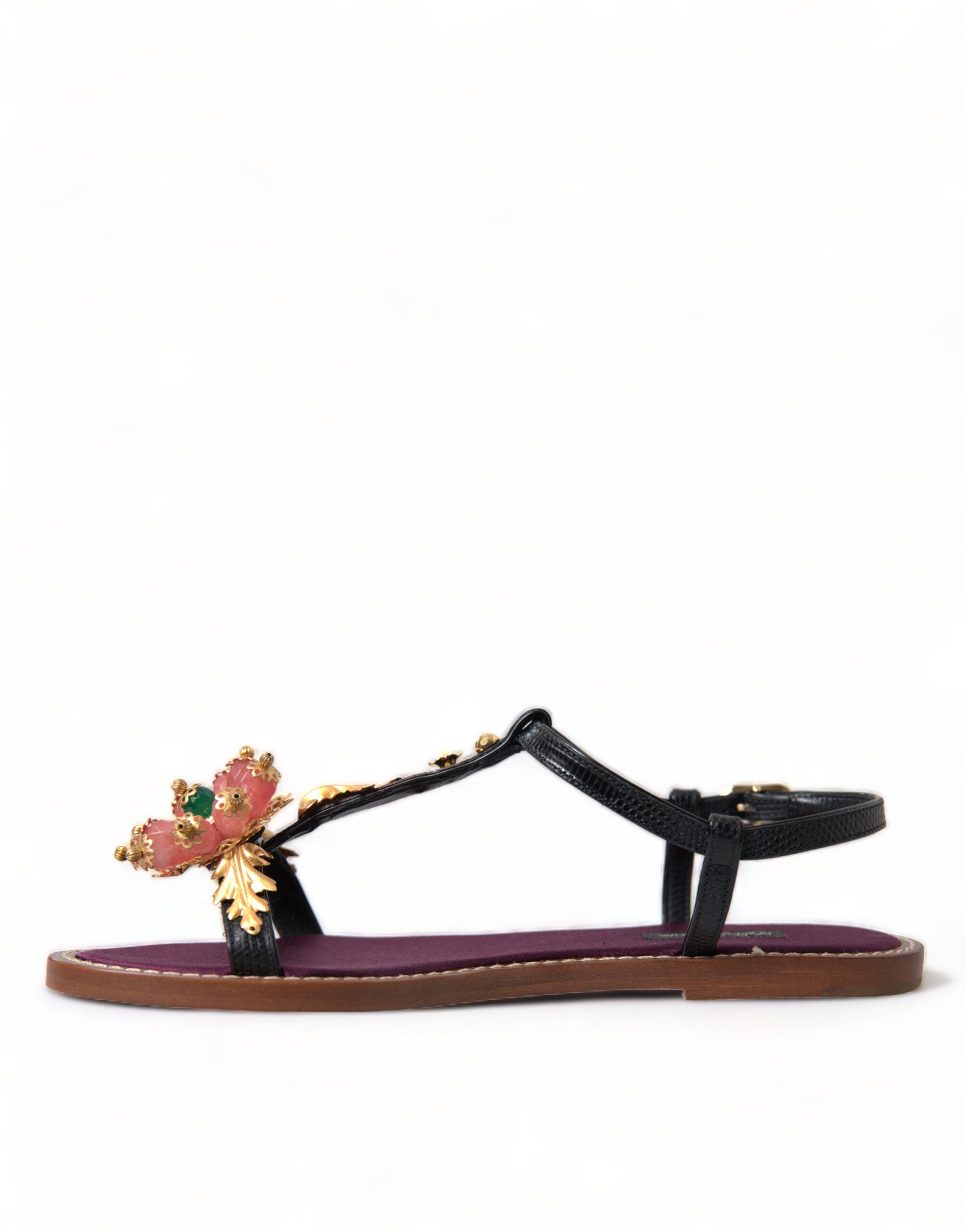 Dolce & Gabbana Black Crystal Gold Sandals Leather Women's Shoes