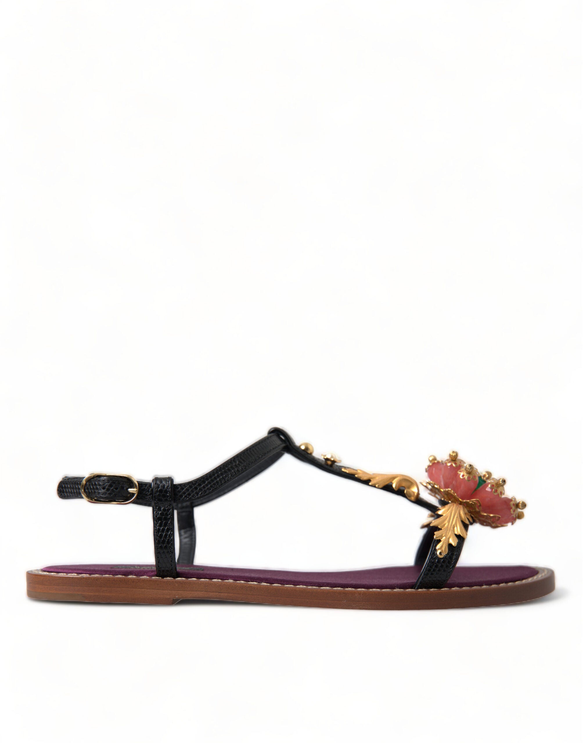 Dolce & Gabbana Black Crystal Gold Sandals Leather Women's Shoes