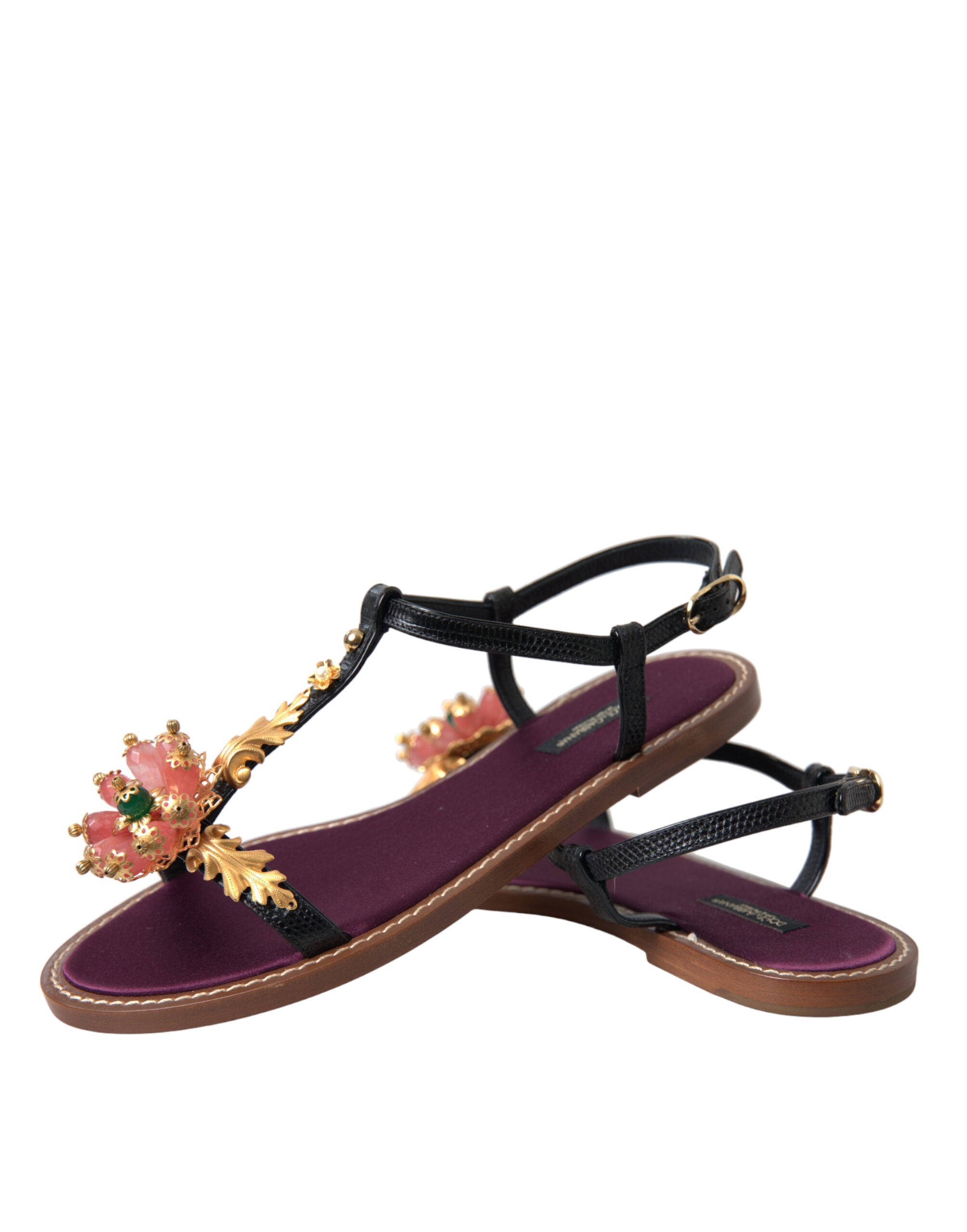 Dolce & Gabbana Black Crystal Gold Sandals Leather Women's Shoes